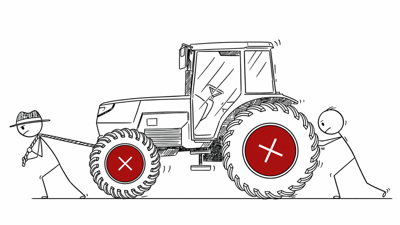 Illustration of a tractor with flat tires being pushed and pulled